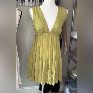 Plunging V-Neck Tiered Mini Dress in Olive Green